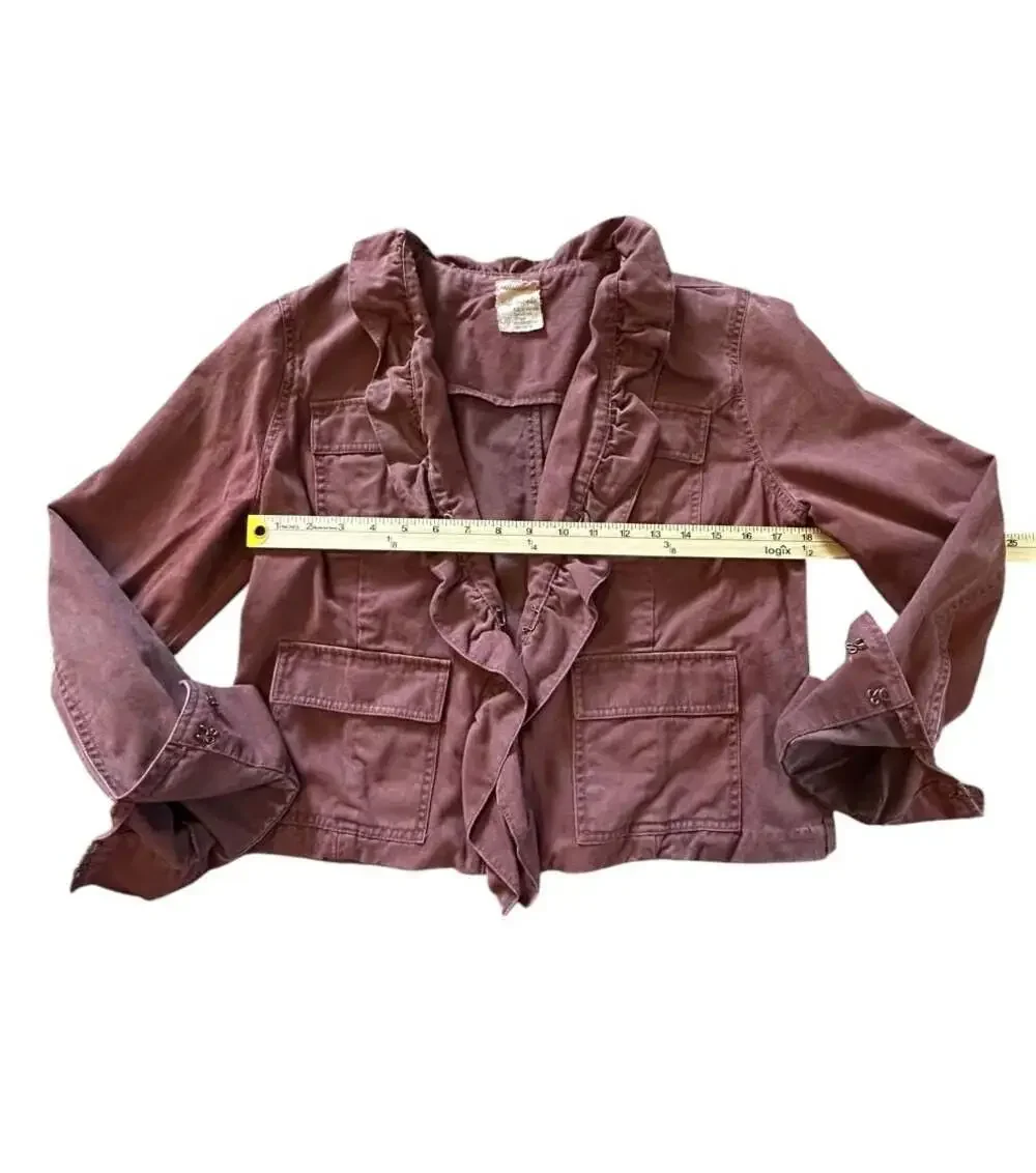 Free People Women's Burgundy Utility Ruffle Front Blazer Jacket